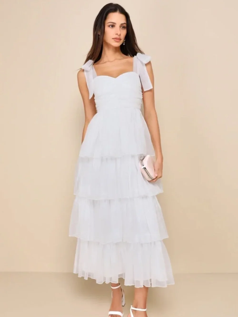 Lulus Radiant Arrival Shiny White Organza Tiered Tie-Strap Maxi Dress - Picture 1 of 2